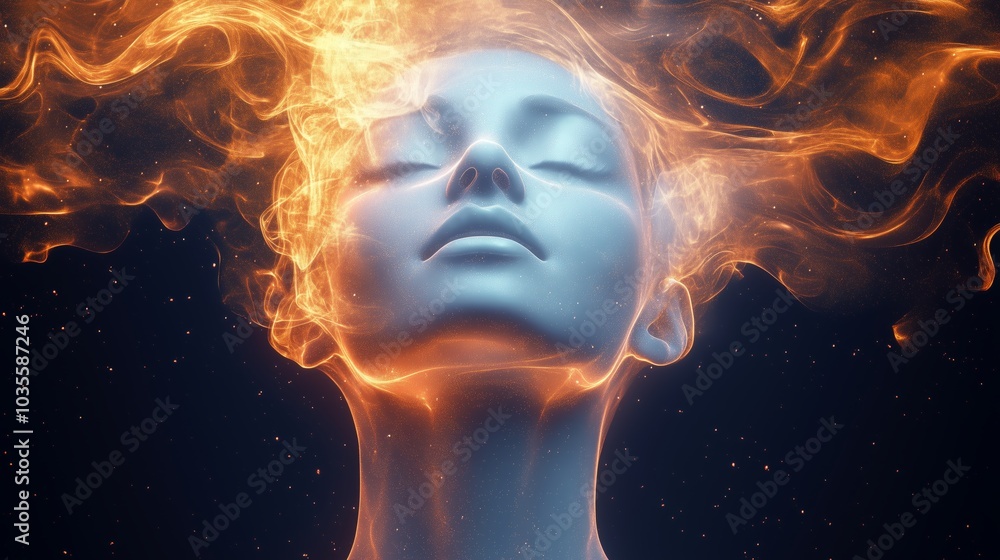 A serene woman with flowing flames surrounding her head and a peaceful expression. A serene woman with flowing flames surrounding her head and a peaceful expression.