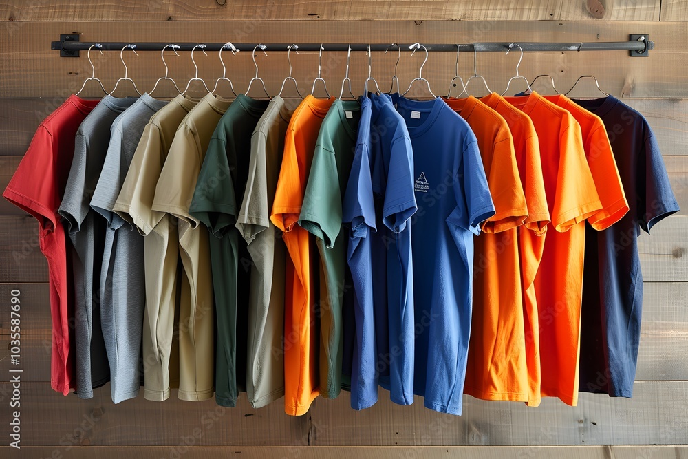 A Colorful Display of T-Shirts Hanging on a Rack A Colorful Display of T-Shirts Hanging on a Rack