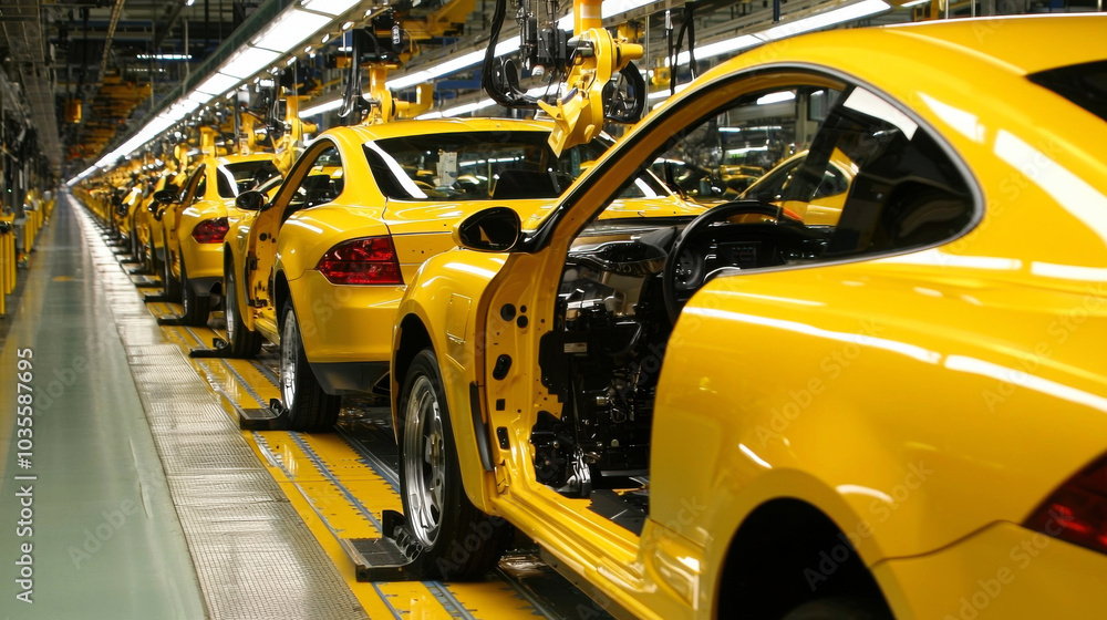 Automated assembly line showcasing yellow cars in production, highlighting efficiency and precision of modern manufacturing processes Automated assembly line showcasing yellow cars in production, highlighting efficiency and precision of modern manufacturing processes
