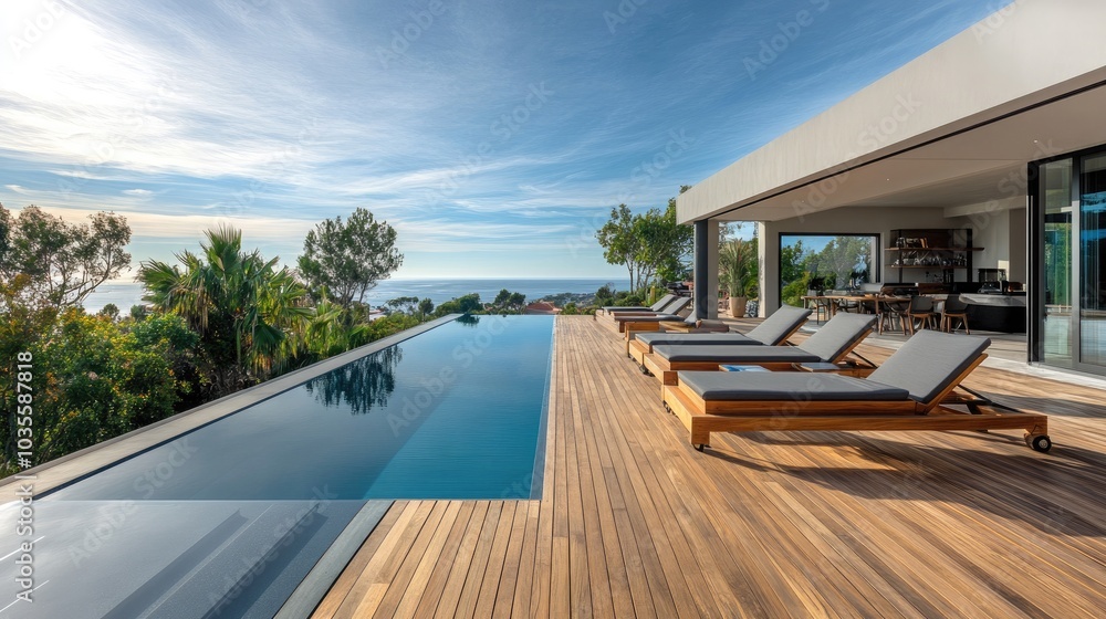 Fototapeta premium A stunning pool deck with teak wood planks