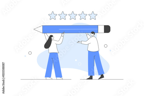 Feedback and survey. People characters giving positive five star feedback, to show satisfaction, rating. Flat Cartoon Vector Illustration. Minimalist line, abstract