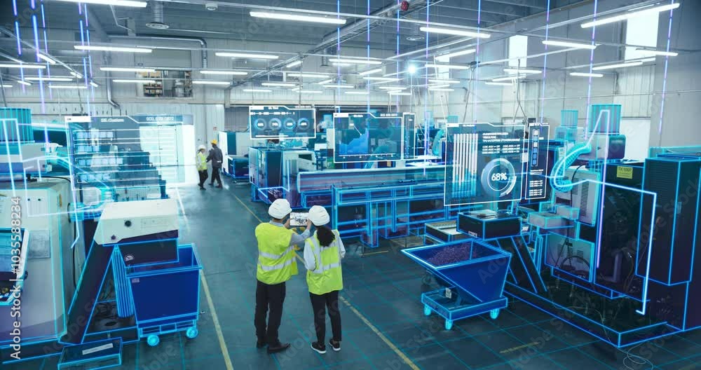 Two Engineers in Safety Gear Use a Tablet to Interact With Holographic Data in a High-tech Factory, Surrounded by Advanced Machinery and Digital Interfaces, Illustrating a Futuristic Manufacturing