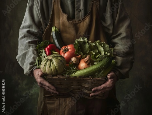 Harvest Bounty: A Man with a Trug of Fresh Vegetables photo