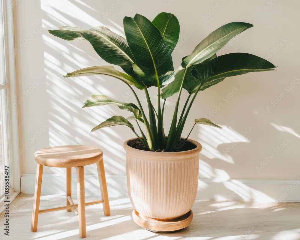 Fototapeta premium Potted plant sitting next to a stool in a room - Interiors