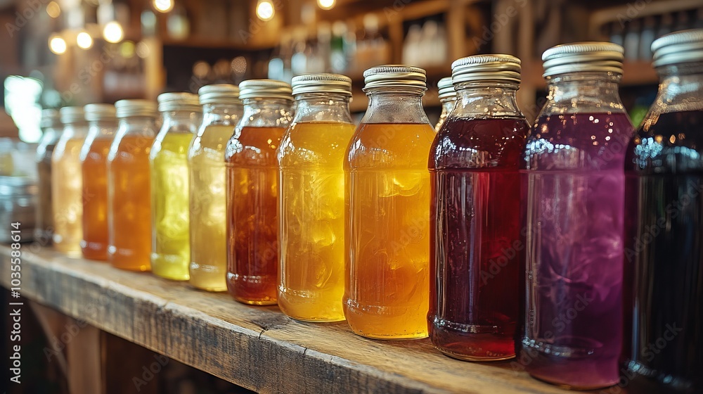 Colorful Glass Bottles of Drinks on Wooden Shelf Colorful Glass Bottles of Drinks on Wooden Shelf