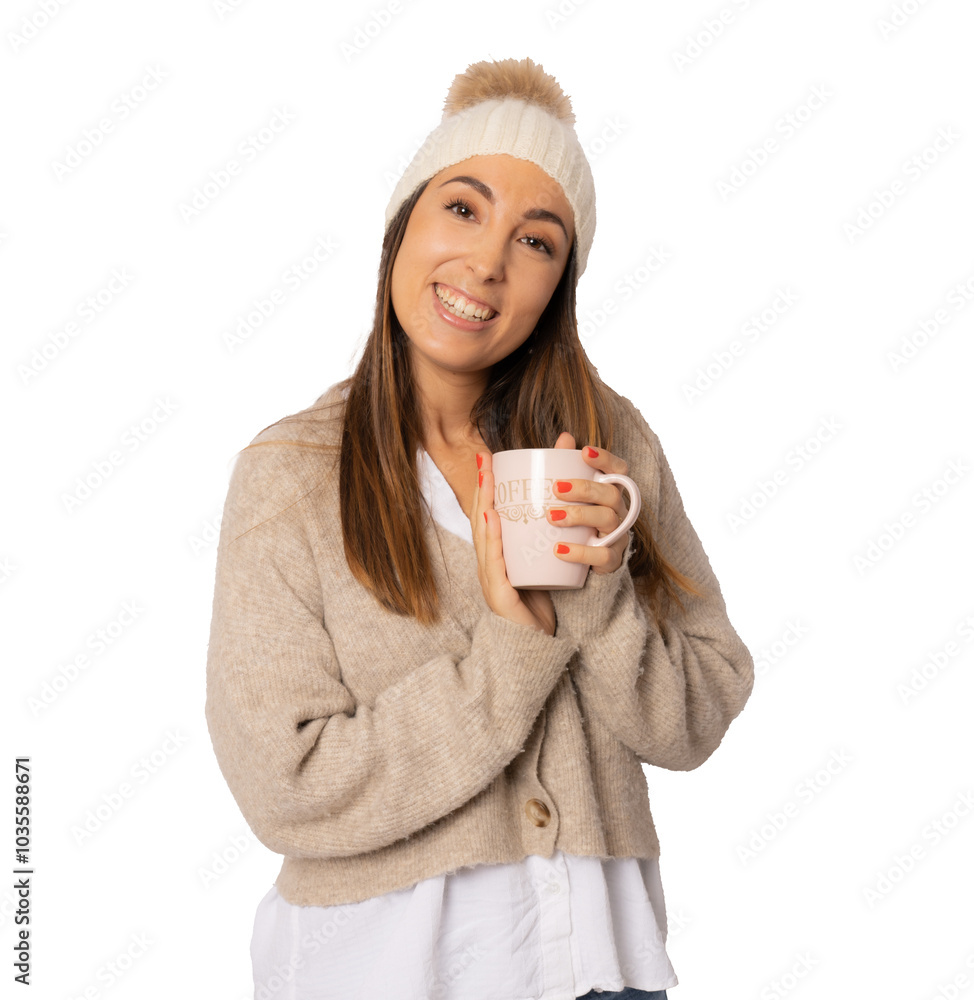 Cheerful young woman wearing winter clothing standing isolated over transparent background, holding a cup