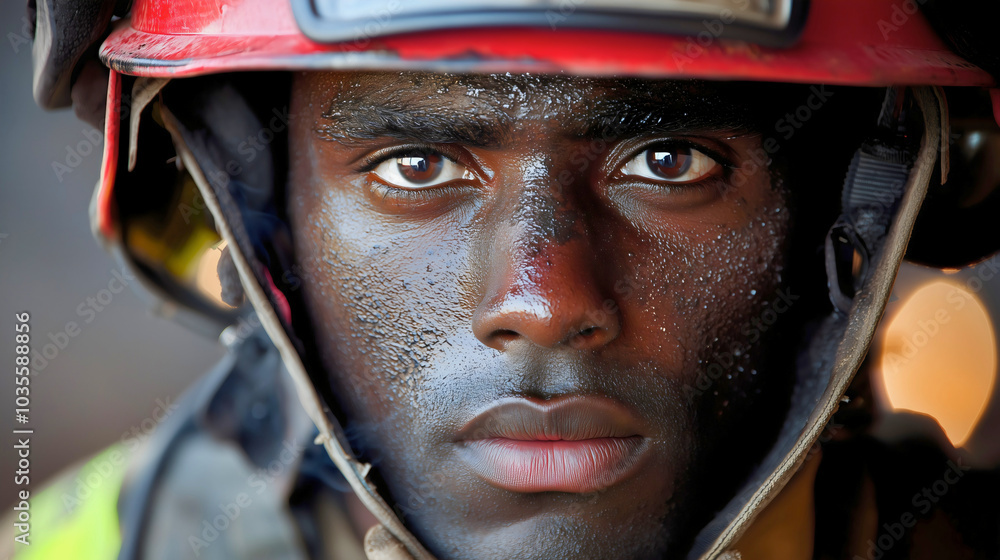 A firefighter in firefighting uniform with a helmet, whose job is to combat flames, a Black firefighter ready to fulfill his duty. A firefighter in firefighting uniform with a helmet, whose job is to combat flames, a Black firefighter ready to fulfill his duty.