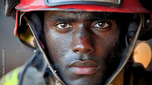 A firefighter in firefighting uniform with a helmet, whose job is to combat flames, a Black firefighter ready to fulfill his duty. photo