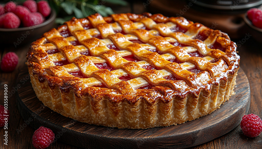 Sweet raspberry tart baked on rustic wood table generated by AI Sweet raspberry tart baked on rustic wood table generated by AI