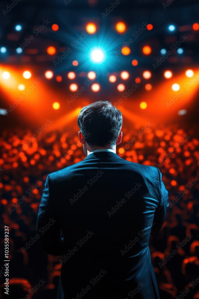 Large audience seated in a business event, speaker giving a presentation on stage Rear view, clear focus on both the crowd and speaker, wideangle shot, bright lighting Large audience seated in a business event, speaker giving a presentation on stage Rear view, clear focus on both the crowd and speaker, wideangle shot, bright lighting