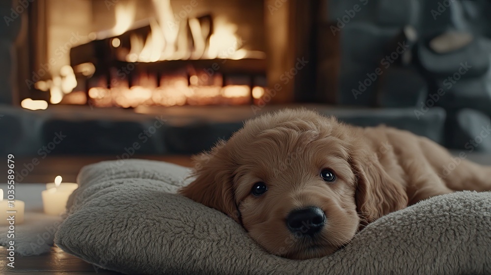 A cute dog enjoys a peaceful nap on a soft bed beside a crackling wood-burning fireplace in a cozy cottage A cute dog enjoys a peaceful nap on a soft bed beside a crackling wood-burning fireplace in a cozy cottage