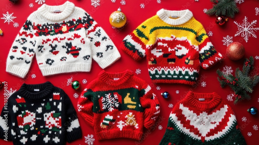 An imaginative flat lay of ugly Christmas sweater designs, displaying vibrant knit patterns and amusing holiday motifs. The eclectic mix captures the joy and humor of the holiday season. An imaginative flat lay of ugly Christmas sweater designs, displaying vibrant knit patterns and amusing holiday motifs. The eclectic mix captures the joy and humor of the holiday season.
