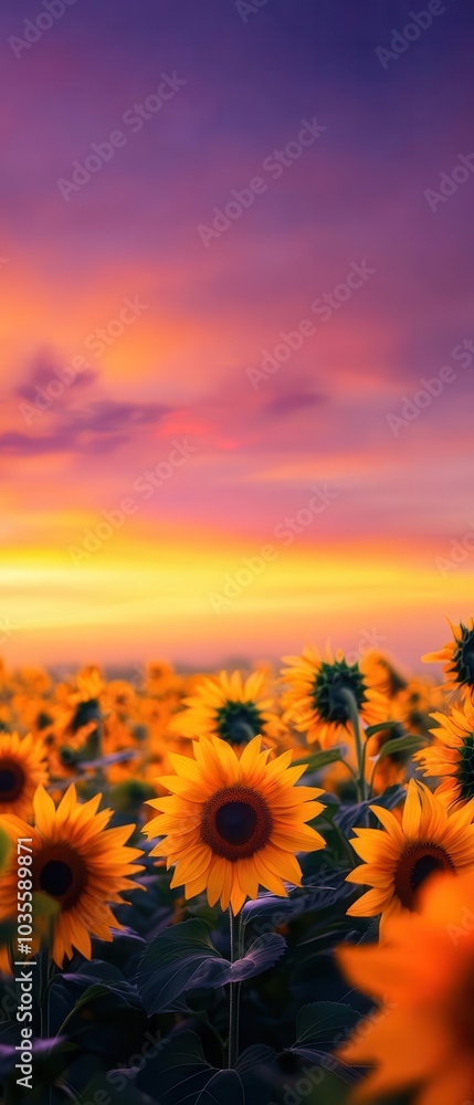 Obraz premium Stunning field of sunflowers basking in the glow of a colorful sunset, with deep orange and purple sky Wideangle shot, soft focus on flowers, nature in harmony