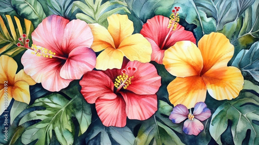 custom made wallpaper toronto digitalCharming bouquet of tropical flowers in watercolor, with striking hibiscus blooms and rich foliage. This painting captures the essence of paradise, perfect for tropical card designs.