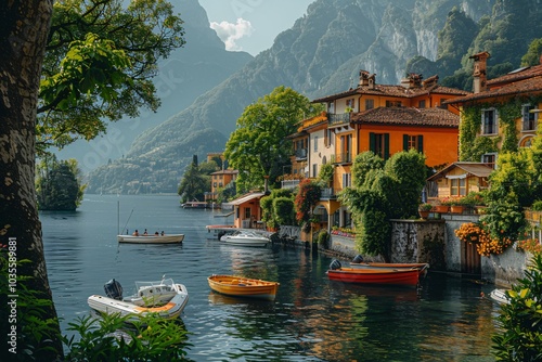 A serene lakeside village features vibrant houses lining the water's edge, surrounded by towering mountains photo