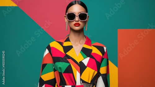 Runway model wearing avant-garde fashion, bold colors and geometric shapes