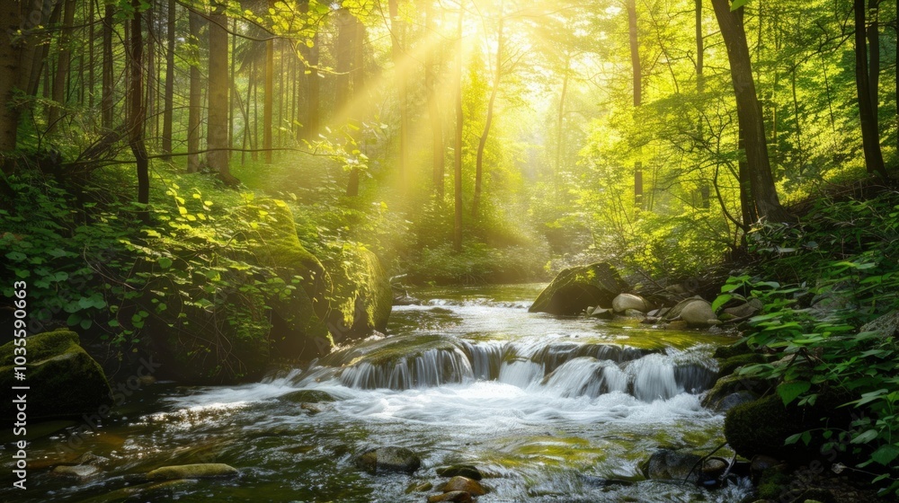 Sunbeams Illuminating a Tranquil Forest Stream Sunbeams Illuminating a Tranquil Forest Stream