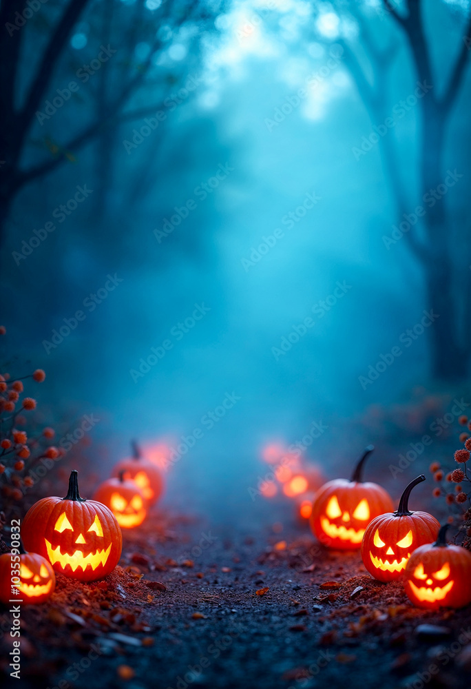 Naklejka premium Happy Halloween Banner with Blue Fog and Pumpkins