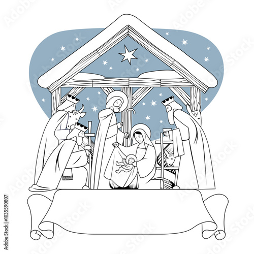 Scene of the Nativity of Christ and Adoration of the Magi and ribbon banner in black and white linear style. Vector illustration