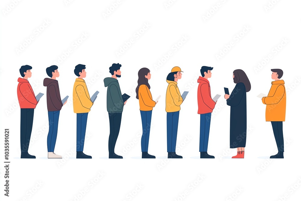 Obraz premium Illustration of diverse individuals standing in a line, engaged with mobile devices, creating a modern communication scene.