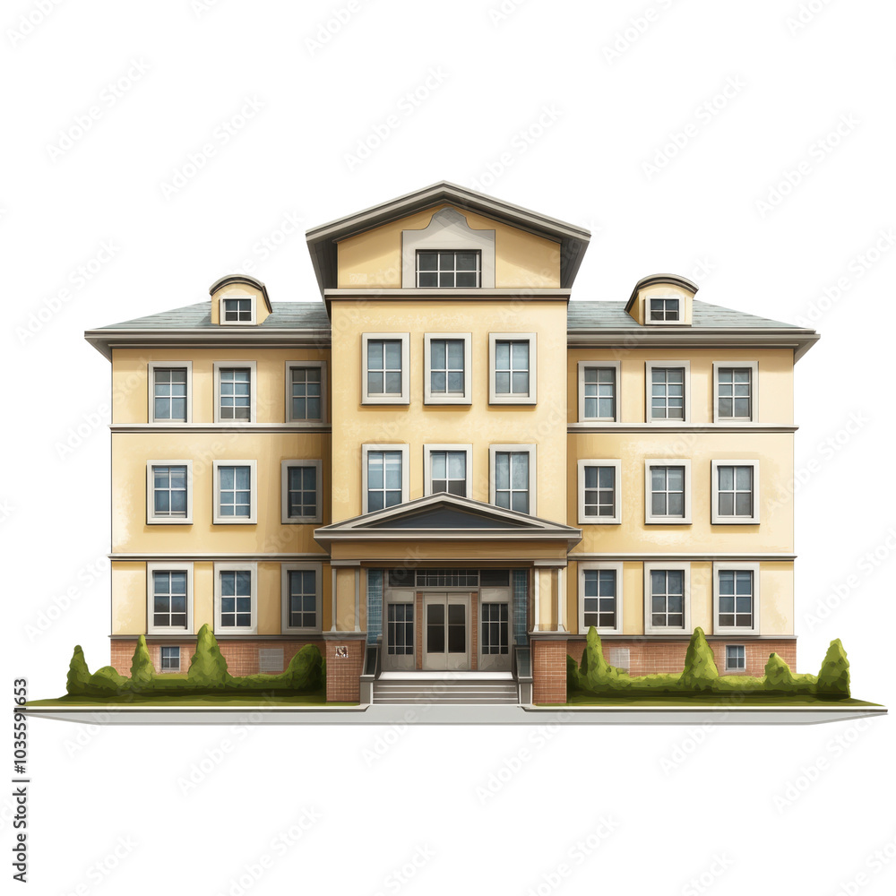 Fototapeta premium Charming four story residential building with yellow facade, featuring large windows and welcoming entrance. well maintained landscaping adds to its appeal