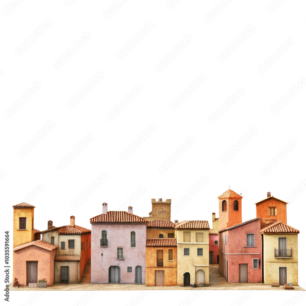 Charming Mediterranean village facade featuring colorful buildings with rustic architecture, terracotta roofs, and warm, inviting atmosphere Charming Mediterranean village facade featuring colorful buildings with rustic architecture, terracotta roofs, and warm, inviting atmosphere