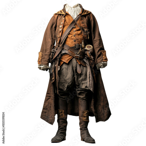 Classic pirate attire featuring brown coat, vest, and trousers, complete with accessories like belt and pocket watch. This outfit embodies adventurous spirit of high seas photo