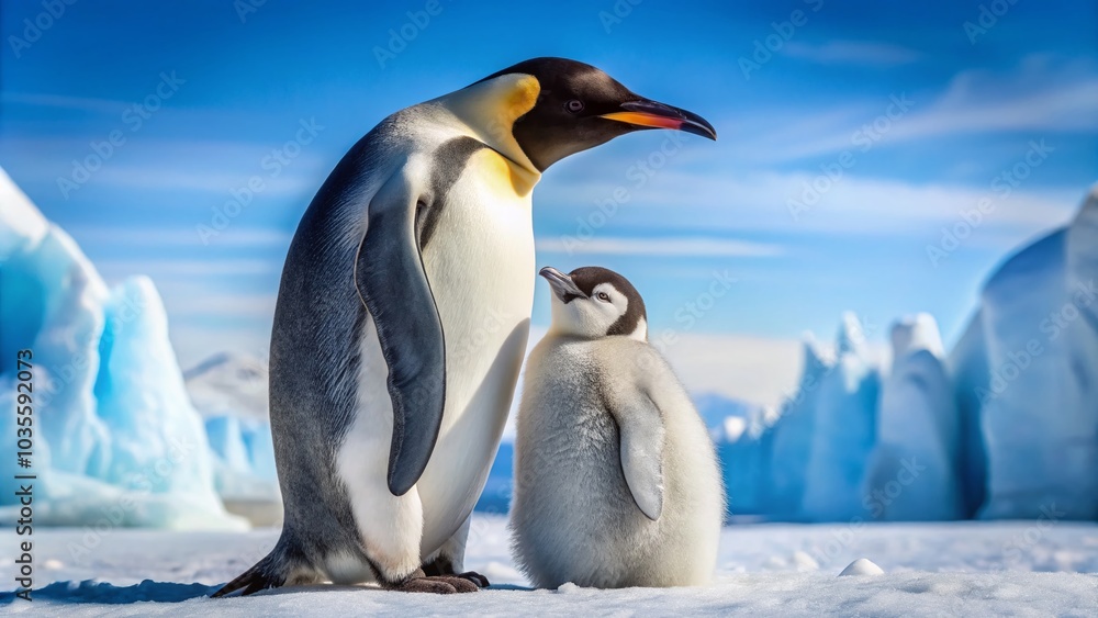 Naklejka premium Tender Care of Emperor Penguin Parent and Chick in Antarctic Wilderness