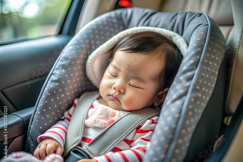 Asian newborn baby girl sleeping in car seat. during family road trip