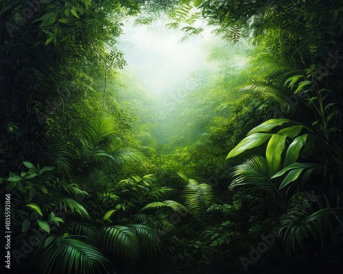 A lush, green rainforest scene with dense foliage and a misty atmosphere, inviting exploration and embodying nature's tranquility.