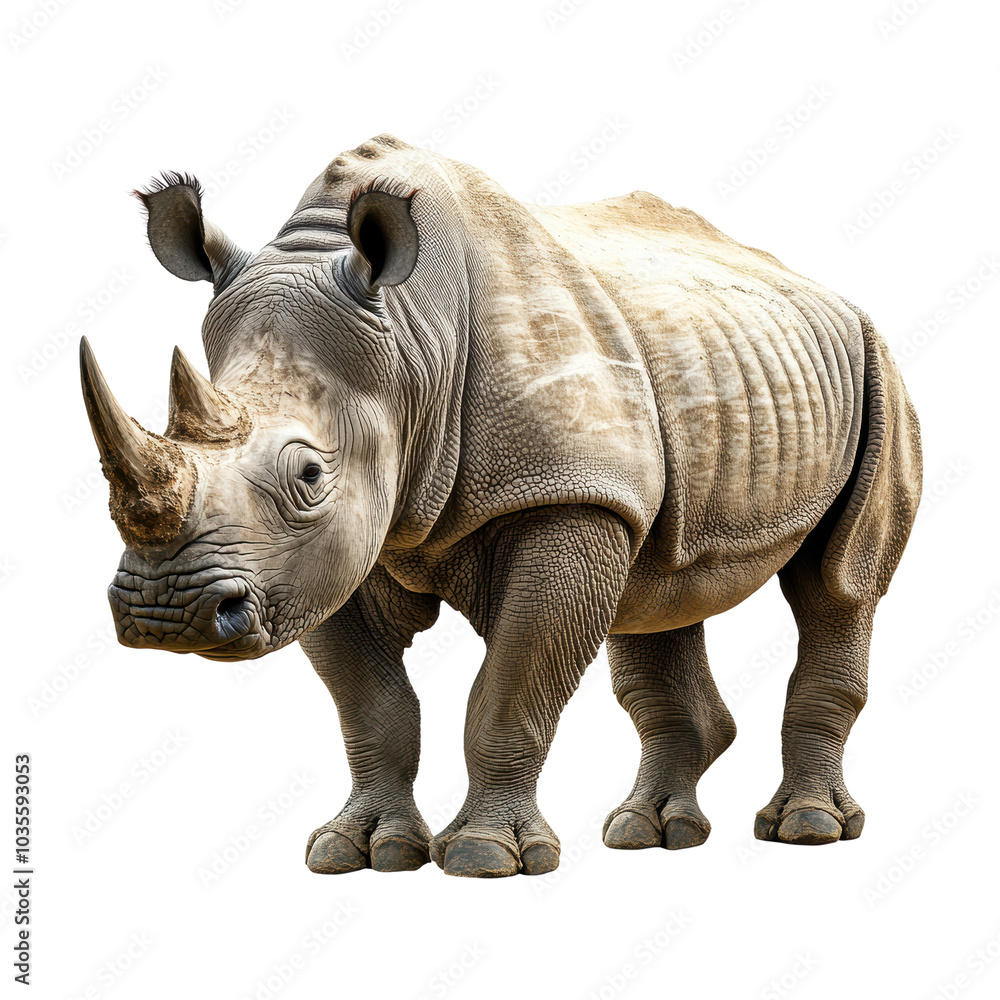 Fototapeta premium Majestic rhinoceros standing proudly, showcasing its impressive horn and textured skin. This powerful animal embodies strength and resilience in its natural habitat