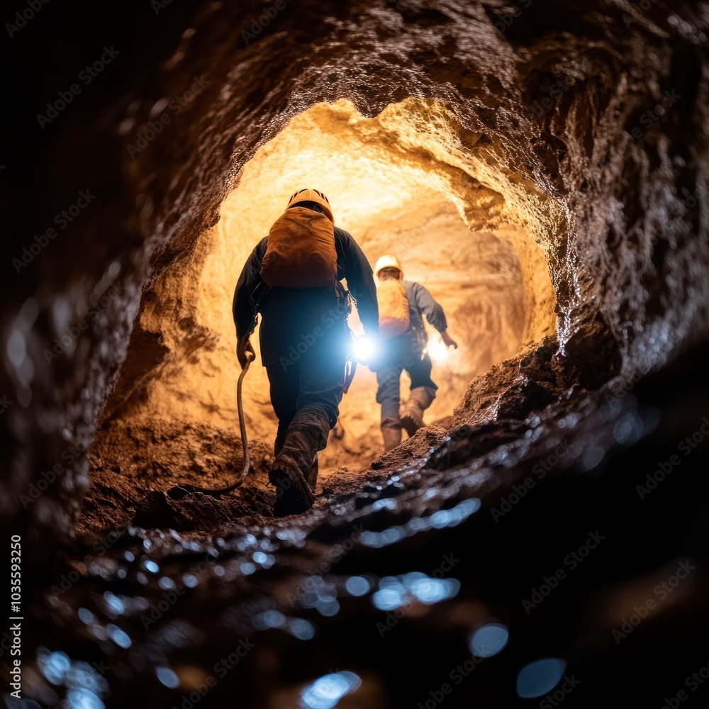 Two adventurers explore a dark tunnel, illuminated by their headlamps, revealing rocky walls and a sense of mystery.