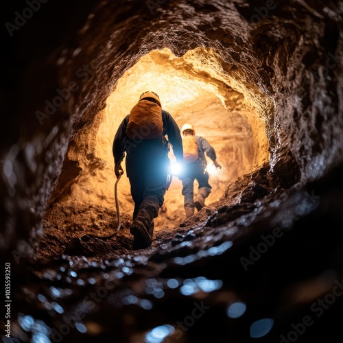 Obraz na płótnie Two adventurers explore a dark tunnel, illuminated by their headlamps, revealing rocky walls and a sense of mystery. w salonie