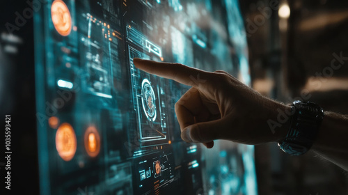 Futuristic technology interface with hand pointing at monitor