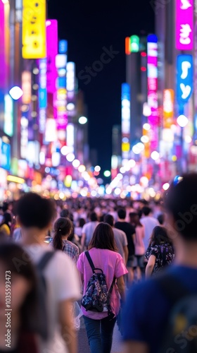 A vibrant urban street scene filled with crowds, illuminated by colorful neon lights at night.