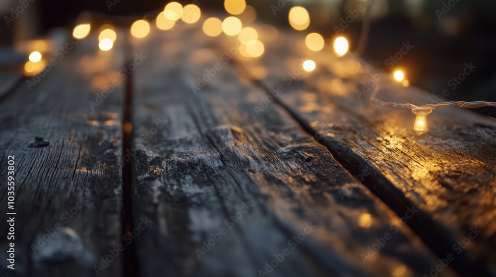 Close-up of weathered wooden planks illuminated by warm white bokeh string lights, fostering a cozy and nostalgic atmosphere. The gentle glow enhances the rich texture of the wood. Close-up of weathered wooden planks illuminated by warm white bokeh string lights, fostering a cozy and nostalgic atmosphere. The gentle glow enhances the rich texture of the wood.