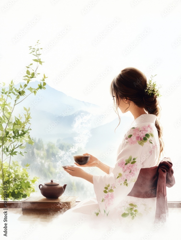 A serene woman in traditional attire enjoys tea, surrounded by lush nature and mountains, creating a peaceful and reflective atmosphere. A serene woman in traditional attire enjoys tea, surrounded by lush nature and mountains, creating a peaceful and reflective atmosphere.