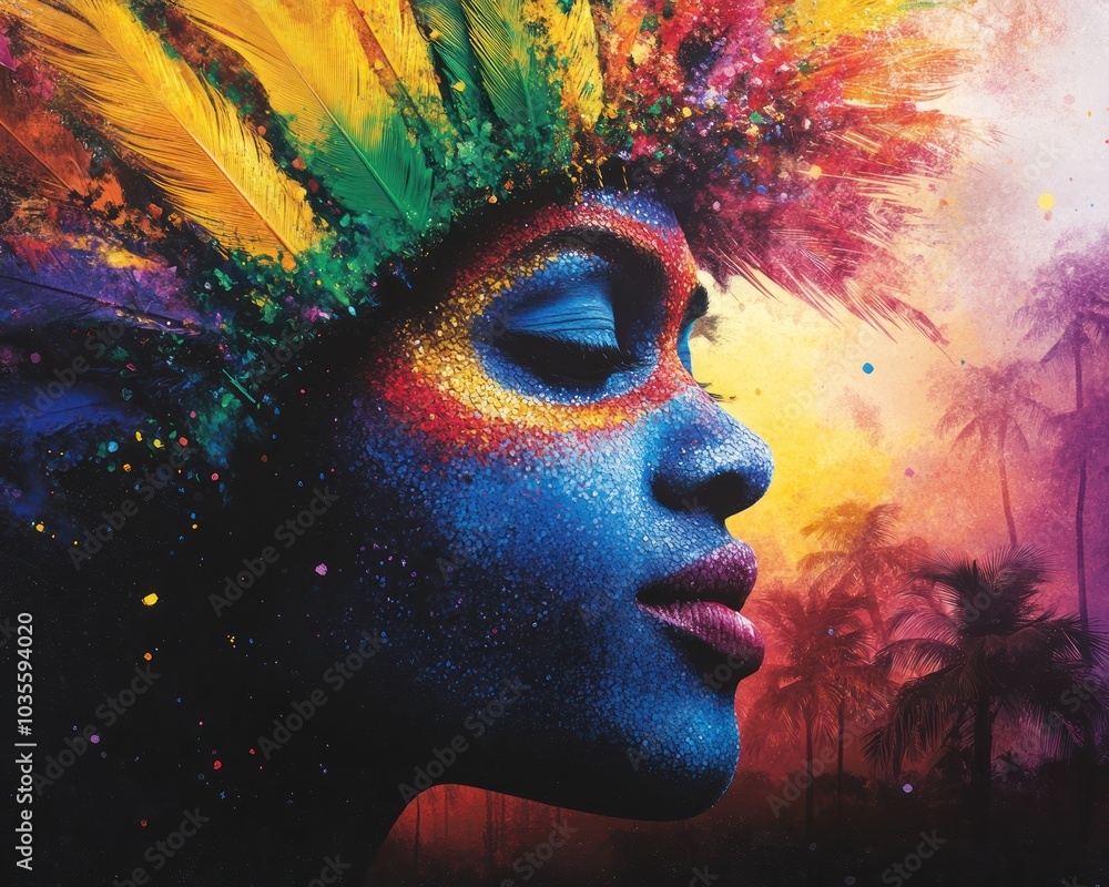 Fototapeta premium A vibrant portrait showcasing a woman with colorful face paint and a feathered headdress, set against a vivid, mystical background.