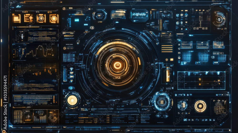 Fototapeta premium Futuristic graphical user interface with circular design elements and data displays