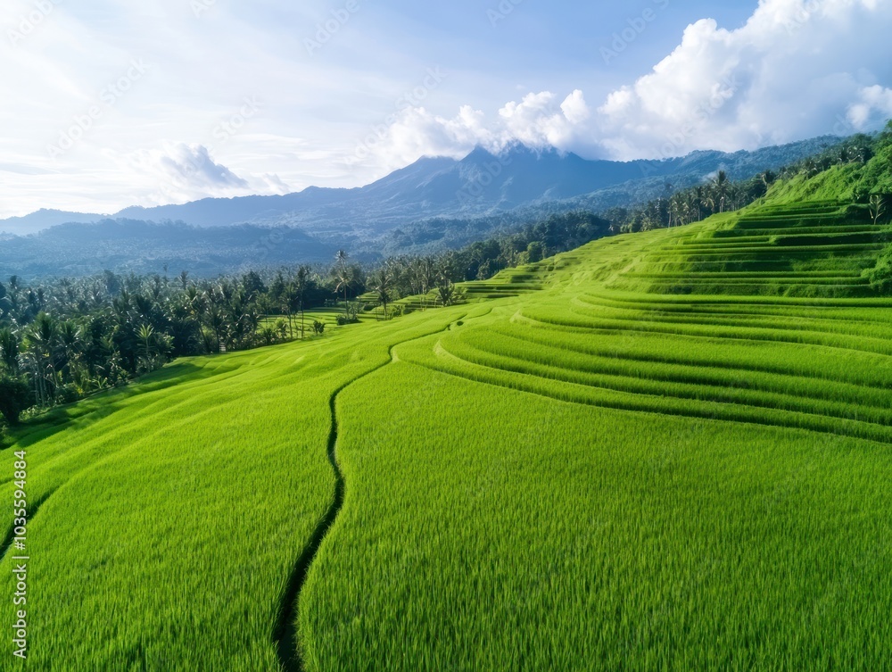 A lush green landscape of terraced rice fields under a clear sky, with mountains in the background, showcasing natural beauty and agricultural practices. A lush green landscape of terraced rice fields under a clear sky, with mountains in the background, showcasing natural beauty and agricultural practices.