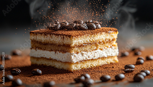 Layered tiramisu cake with creamy mascarpone cheese filling generated by AI