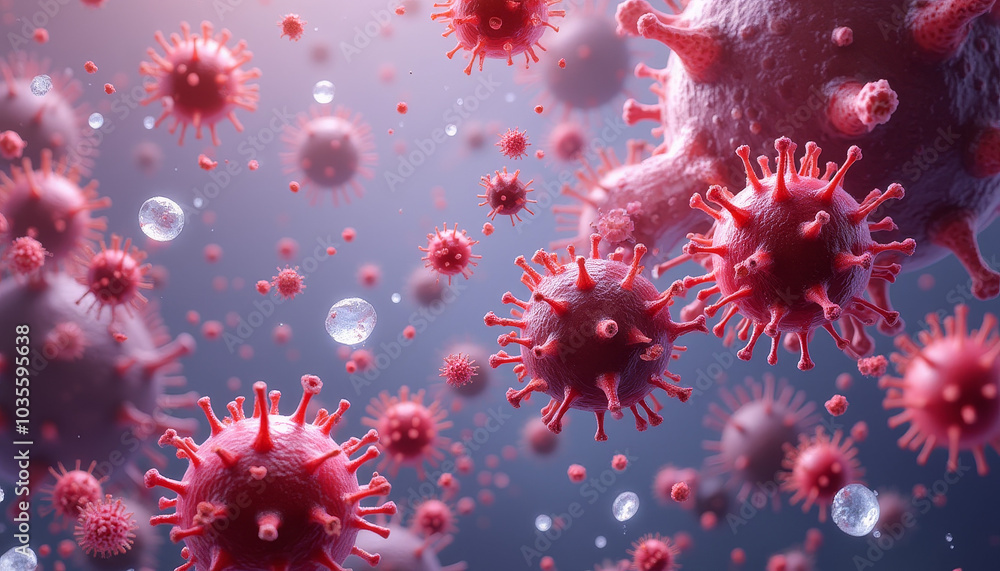 Close-up of red virus particles floating in a microscopic environment