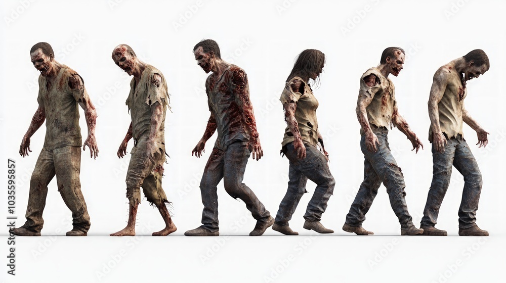 Fototapeta premium Zombie characters in tattered clothing, showcasing a full view of both male and female flesh-eaters, depicting various angles and details of their gruesome appearance.