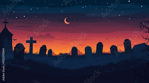 Dark Cemetery at Night, a haunting silhouette of a sprawling graveyard under a starless sky, tombstones scattered across the landscape, evoking a sense of eerie solitude. photo