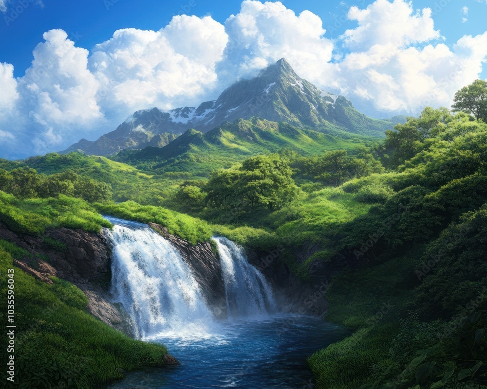 Fototapeta premium A serene landscape featuring a cascading waterfall amidst lush greenery and majestic mountains under a bright blue sky with fluffy clouds.