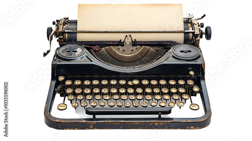 An old fashioned typewriter with a sheet of paper isolated on a transparent background, PNG 