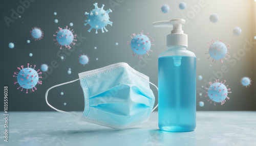 Face mask and hand sanitizer with floating virus particles