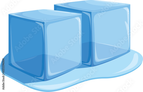 Two cartoon ice cubes are slowly melting, creating a puddle of water beneath them