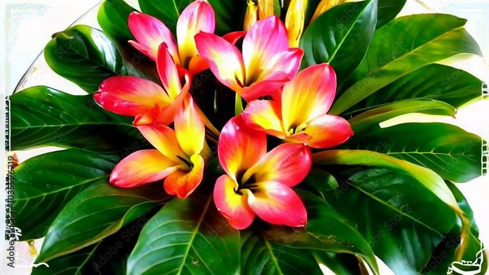 A vibrant arrangement of colorful flowers surrounded by lush green leaves, creating a serene and decorative atmosphere. A vibrant arrangement of colorful flowers surrounded by lush green leaves, creating a serene and decorative atmosphere.
