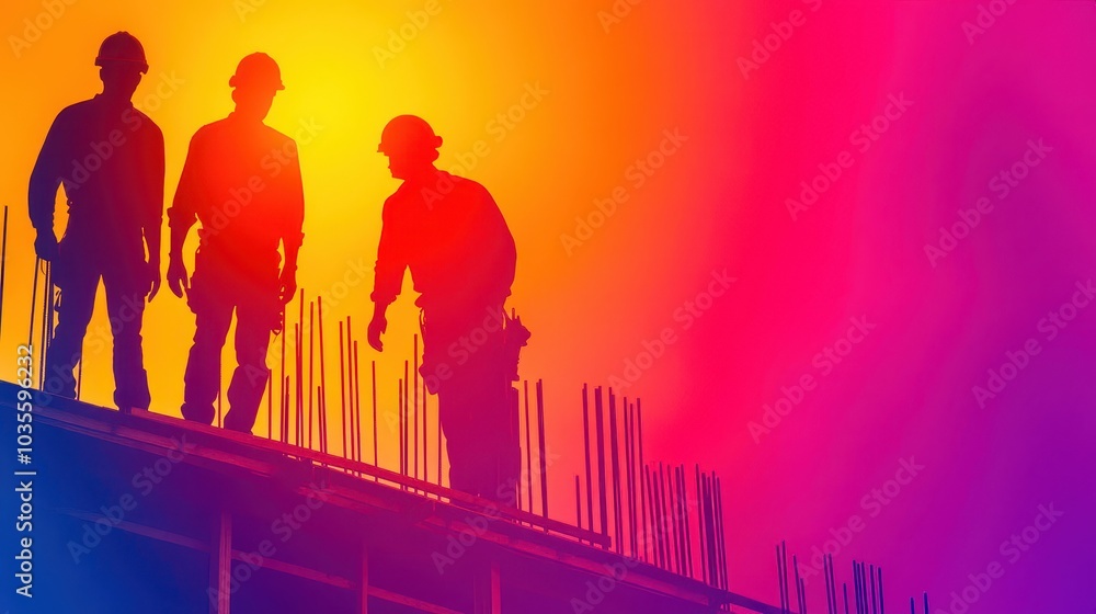 Fototapeta premium Silhouettes of construction workers on a building site against a vibrant colored background.